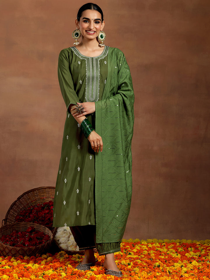 Olive Embroidered Silk Blend Straight Suit With Dupatta