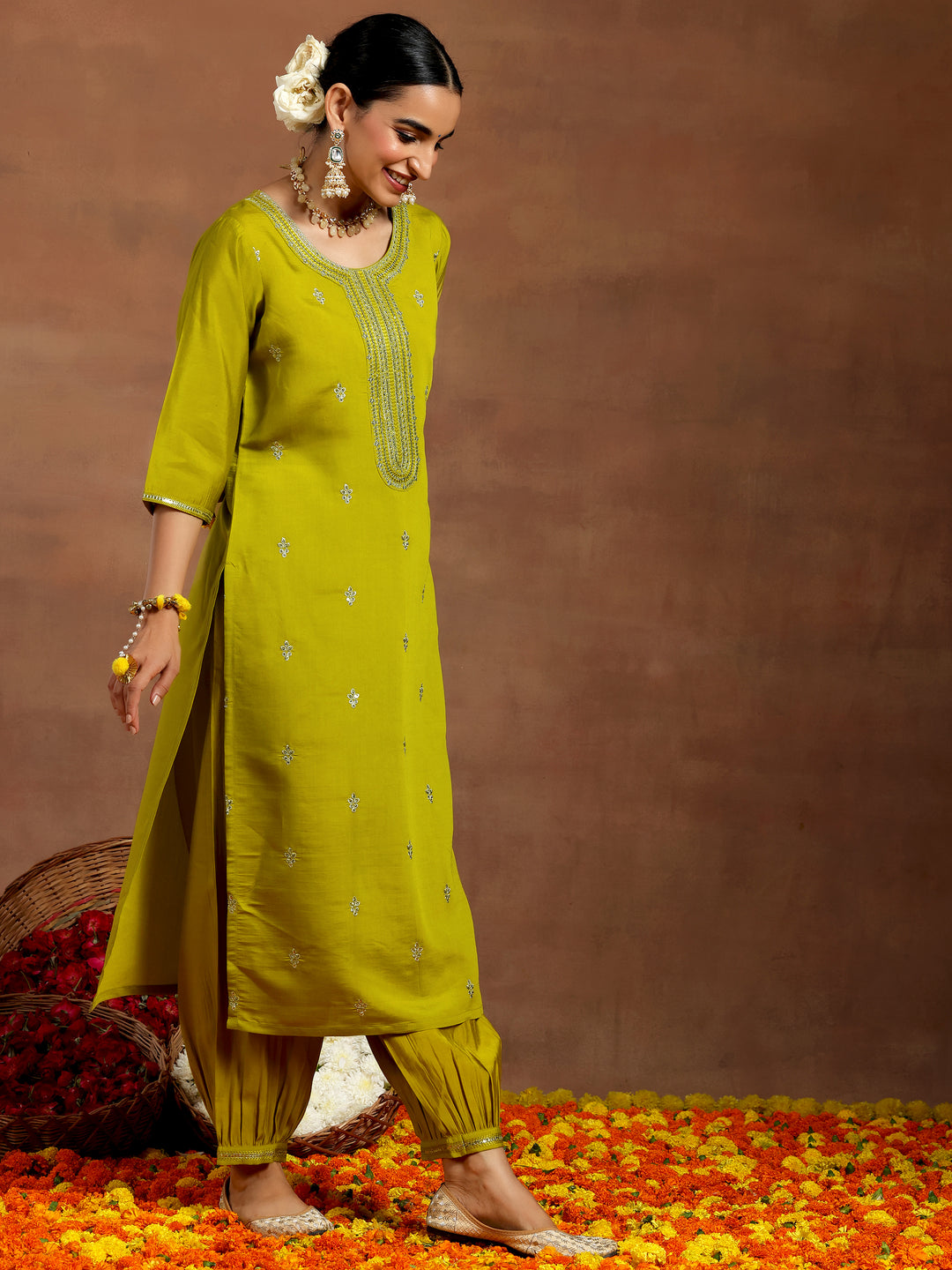 Lime Green Embroidered Silk Blend Straight Suit With Dupatta