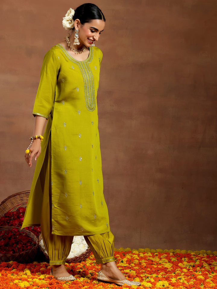 Lime Green Embroidered Silk Blend Straight Suit With Dupatta