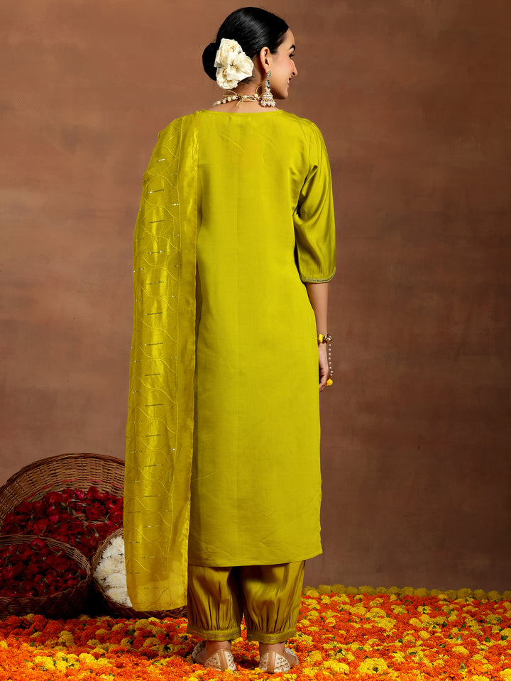 Lime Green Embroidered Silk Blend Straight Suit With Dupatta