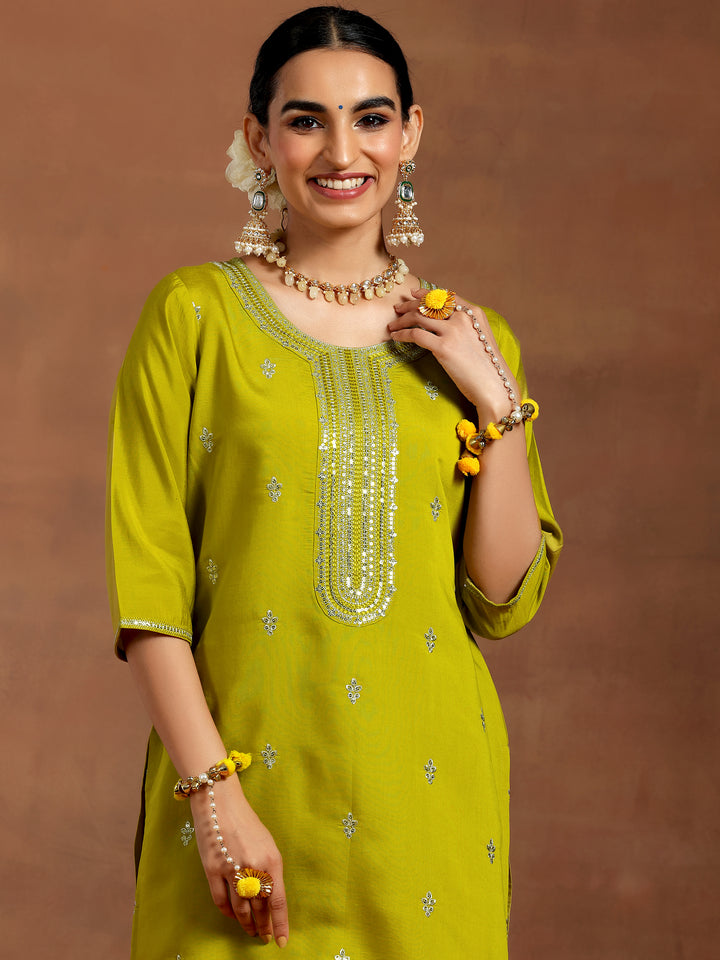 Lime Green Embroidered Silk Blend Straight Suit With Dupatta