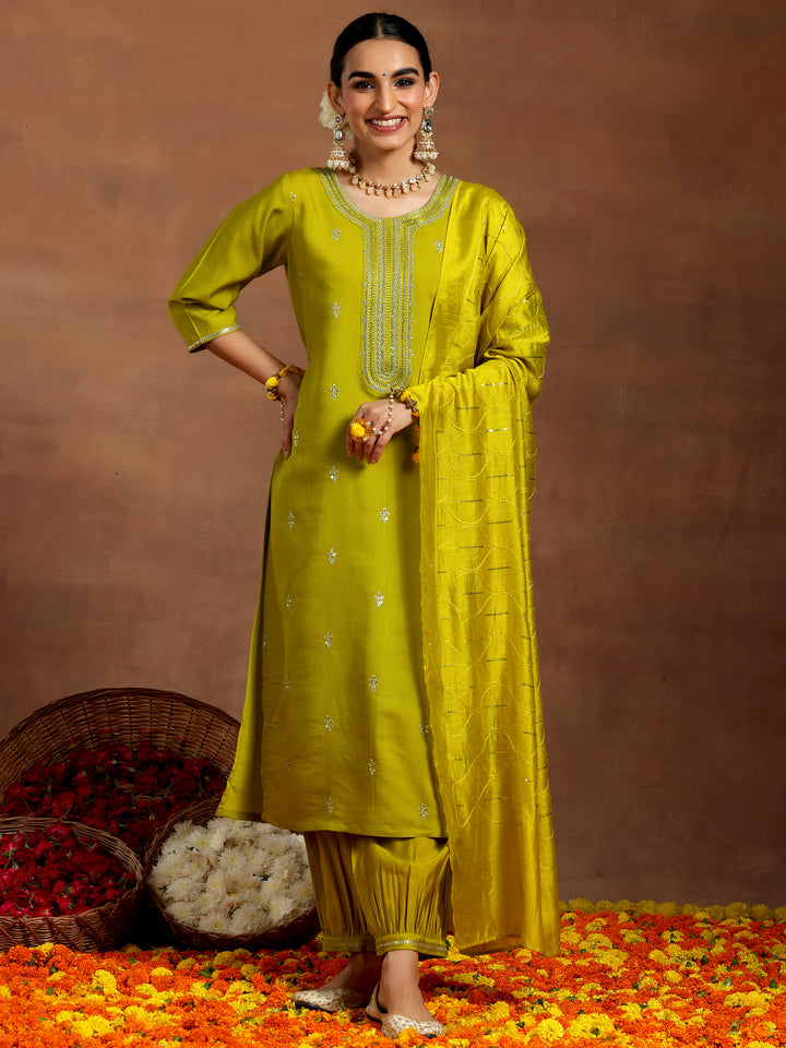 Lime Green Embroidered Silk Blend Straight Suit With Dupatta