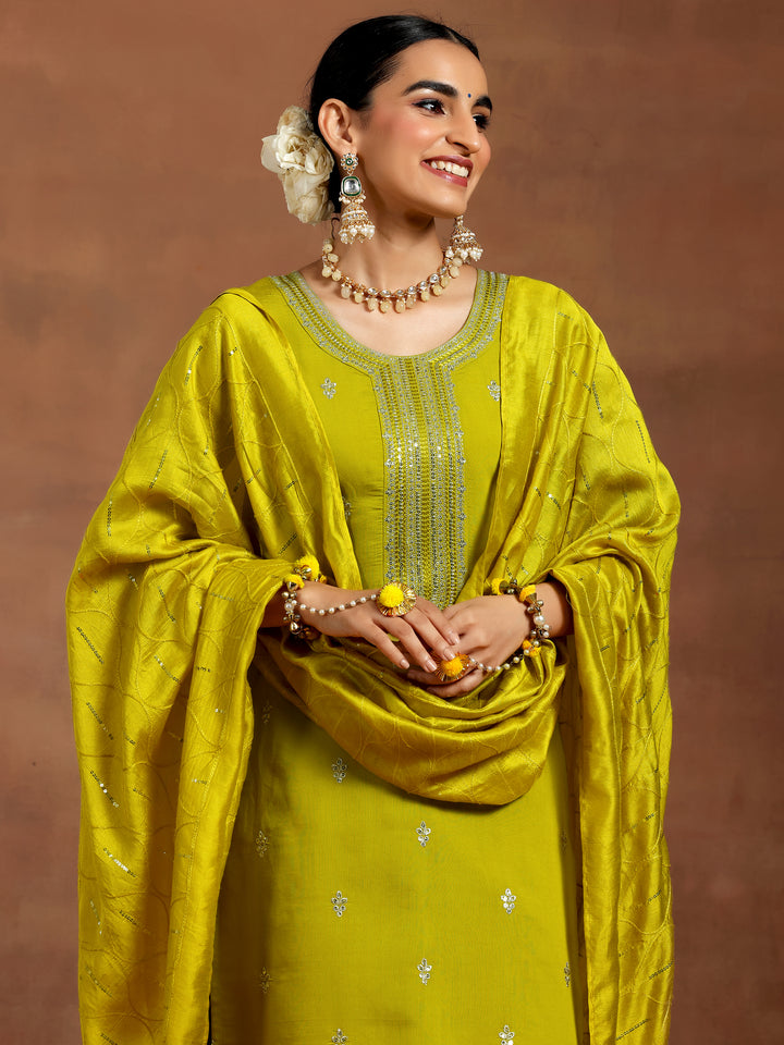 Lime Green Embroidered Silk Blend Straight Suit With Dupatta