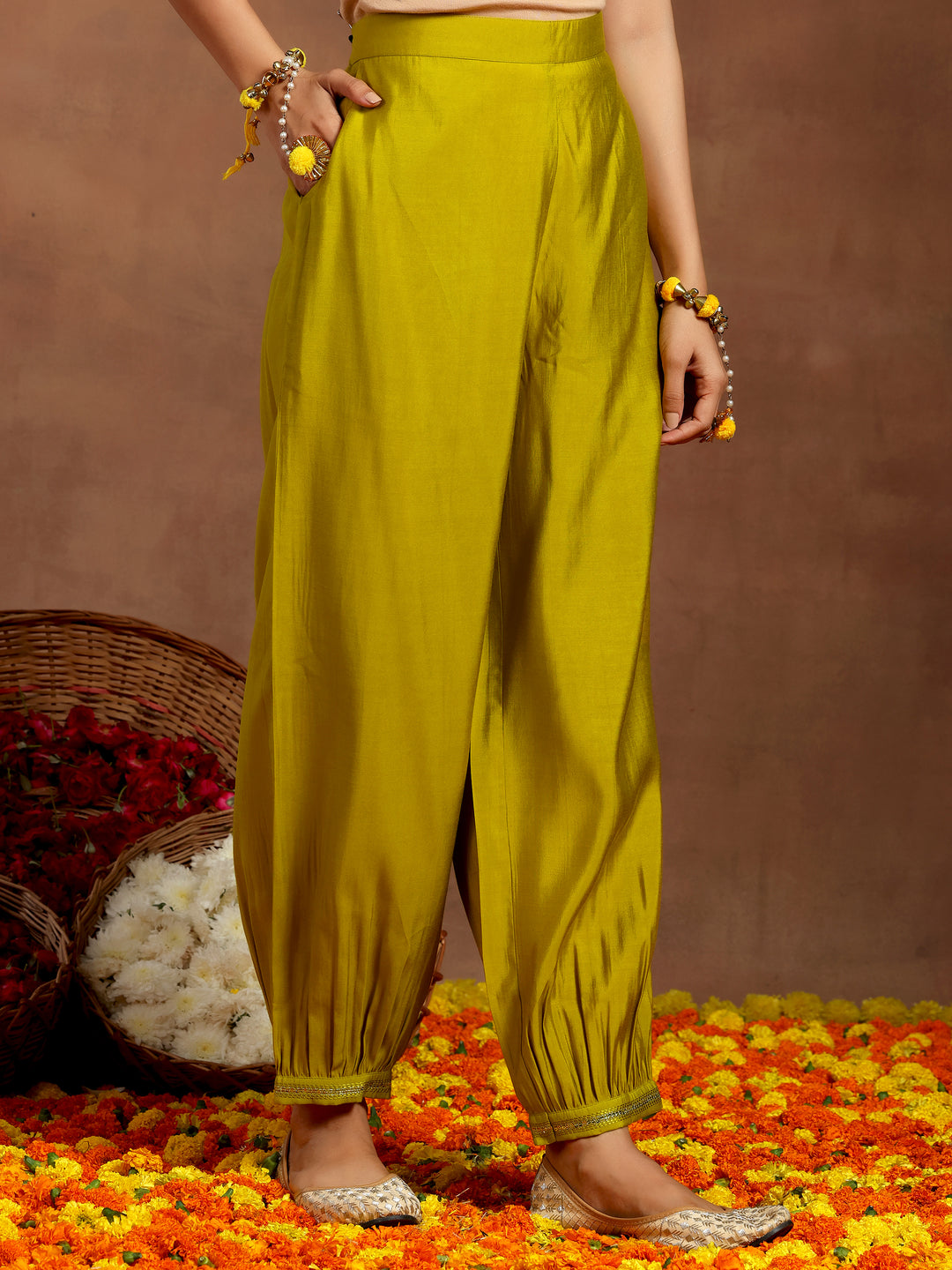 Lime Green Embroidered Silk Blend Straight Suit With Dupatta