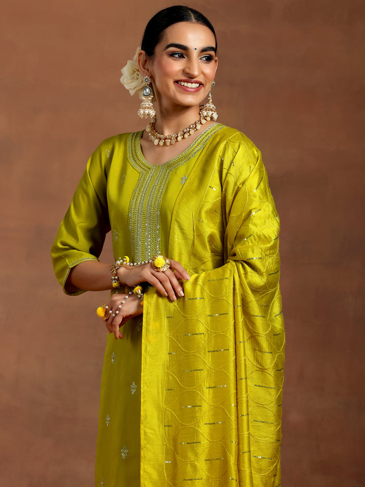 Lime Green Embroidered Silk Blend Straight Suit With Dupatta