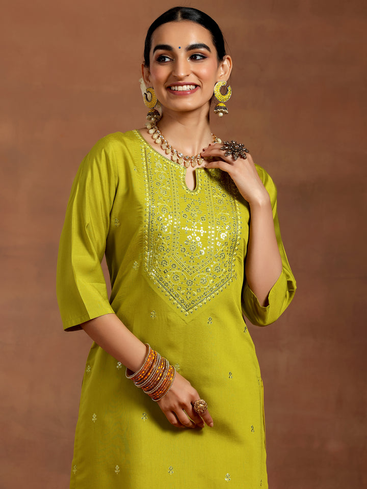 Lime Green Embroidered Silk Blend Straight Kurta Set
