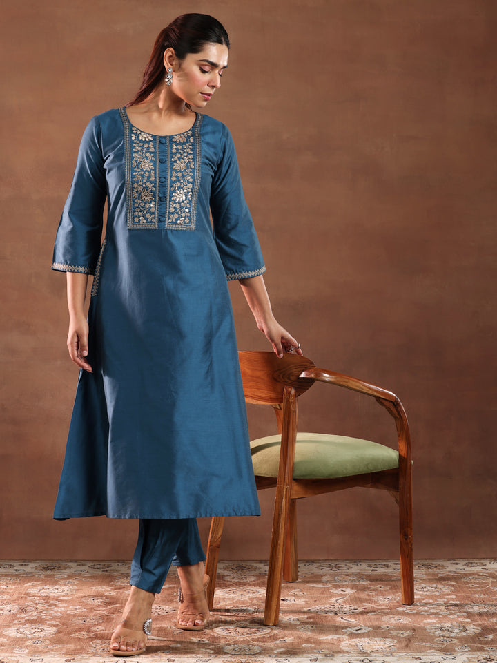 Blue Yoke Design Silk Blend A-Line Kurta With Trousers