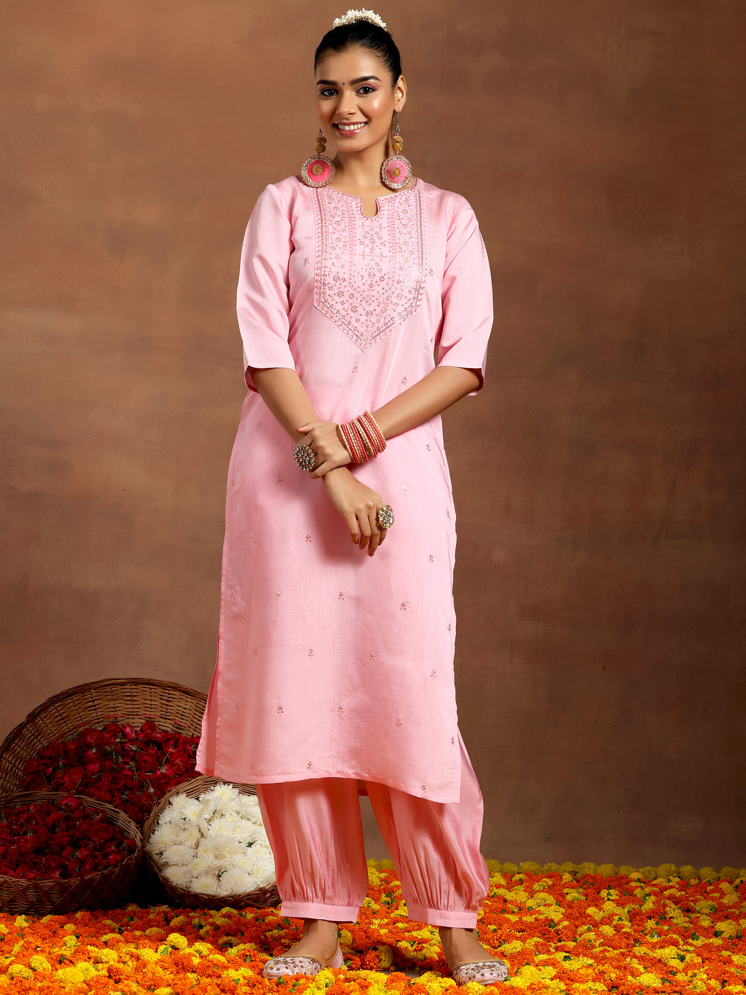 Pink Embroidered Silk Blend Straight Kurta Set