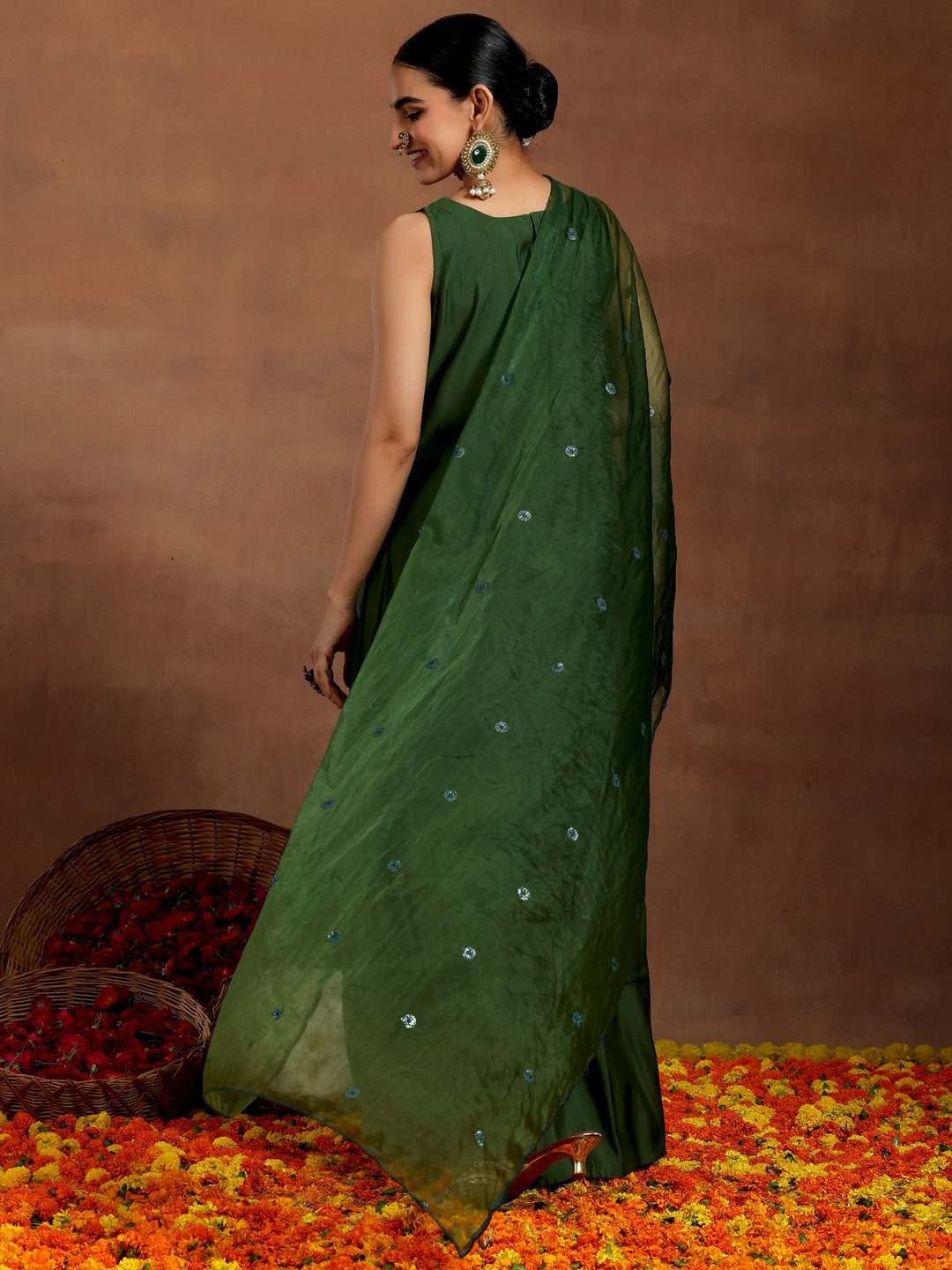 Green Solid Silk Blend Straight Suit With Dupatta