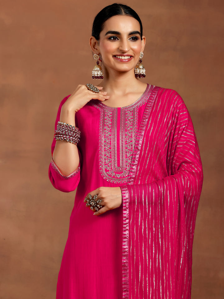 Pink Yoke Design Silk Blend Straight Suit With Dupatta