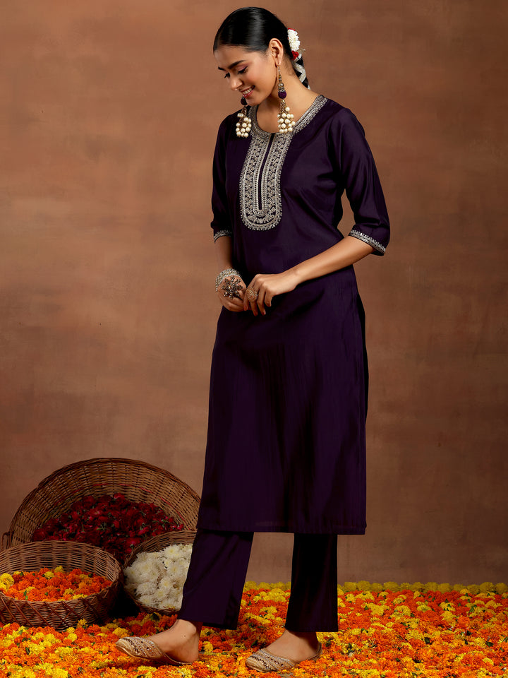 Purple Yoke Design Silk Blend Straight Suit With Dupatta