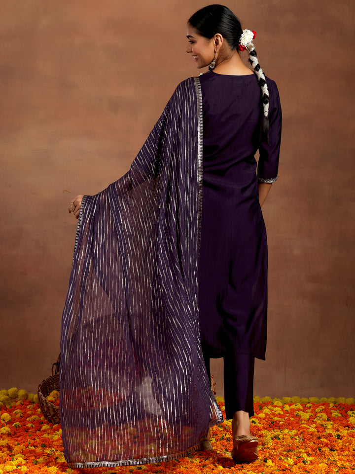 Purple Yoke Design Silk Blend Straight Suit With Dupatta