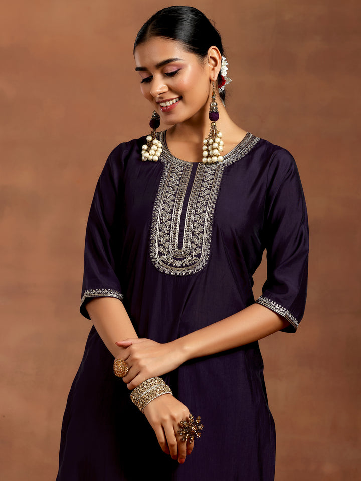 Purple Yoke Design Silk Blend Straight Suit With Dupatta