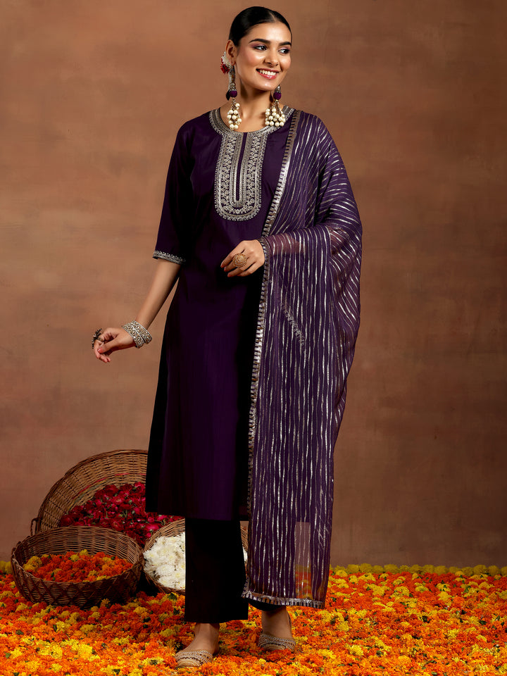 Purple Yoke Design Silk Blend Straight Suit With Dupatta