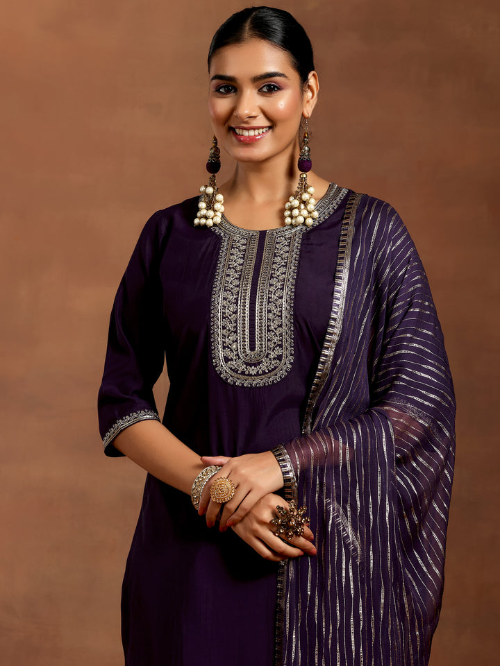 Purple Yoke Design Silk Blend Straight Suit With Dupatta
