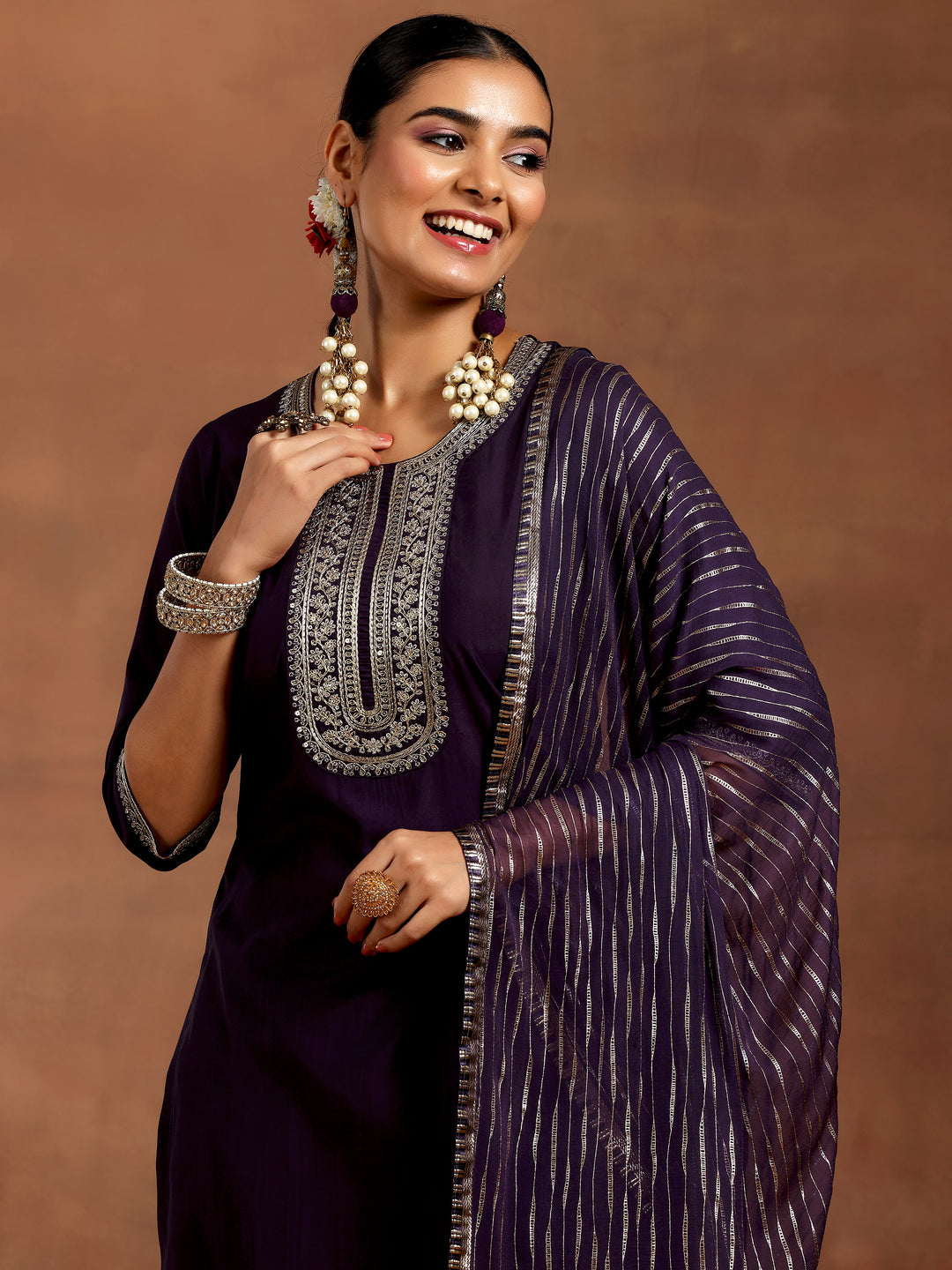 Purple Yoke Design Silk Blend Straight Suit With Dupatta