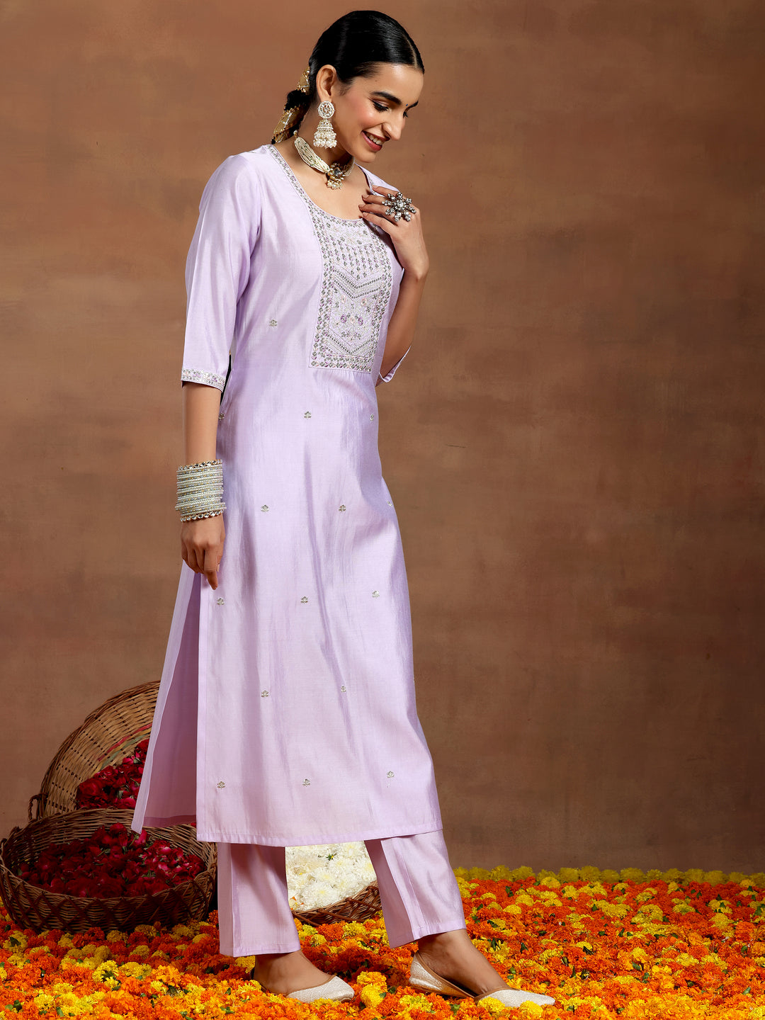 Lavender Yoke Design Silk Blend Straight Suit With Dupatta