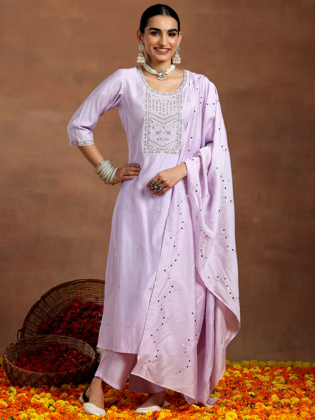 Lavender Yoke Design Silk Blend Straight Suit With Dupatta