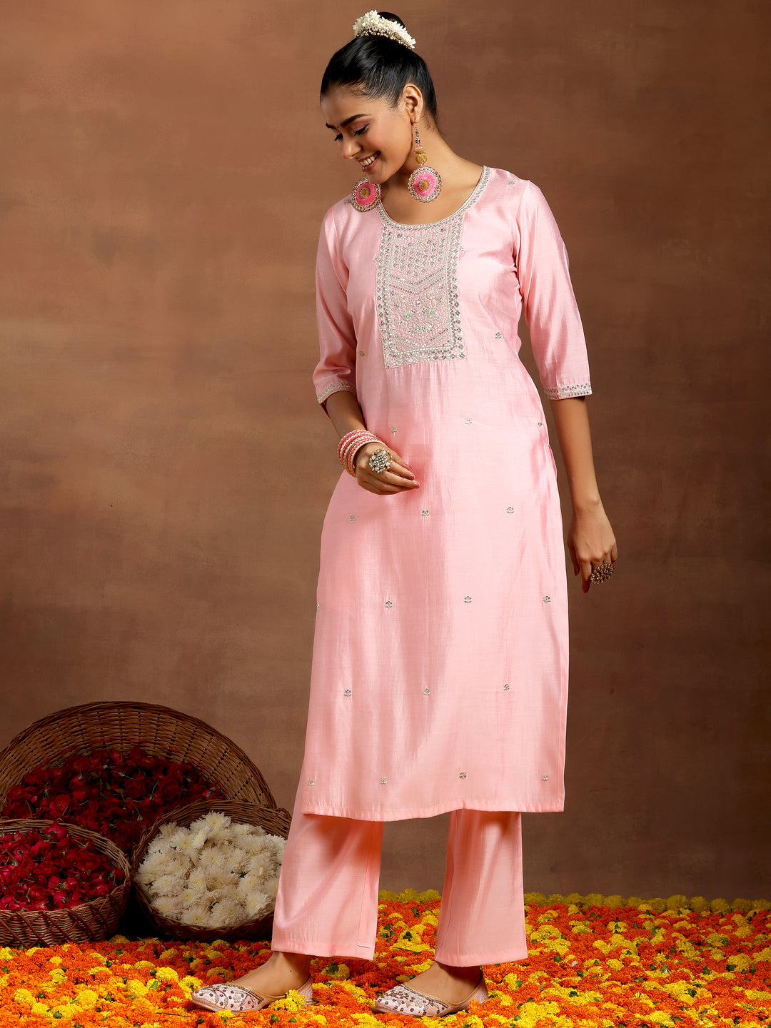 Peach Yoke Design Silk Blend Straight Suit With Dupatta