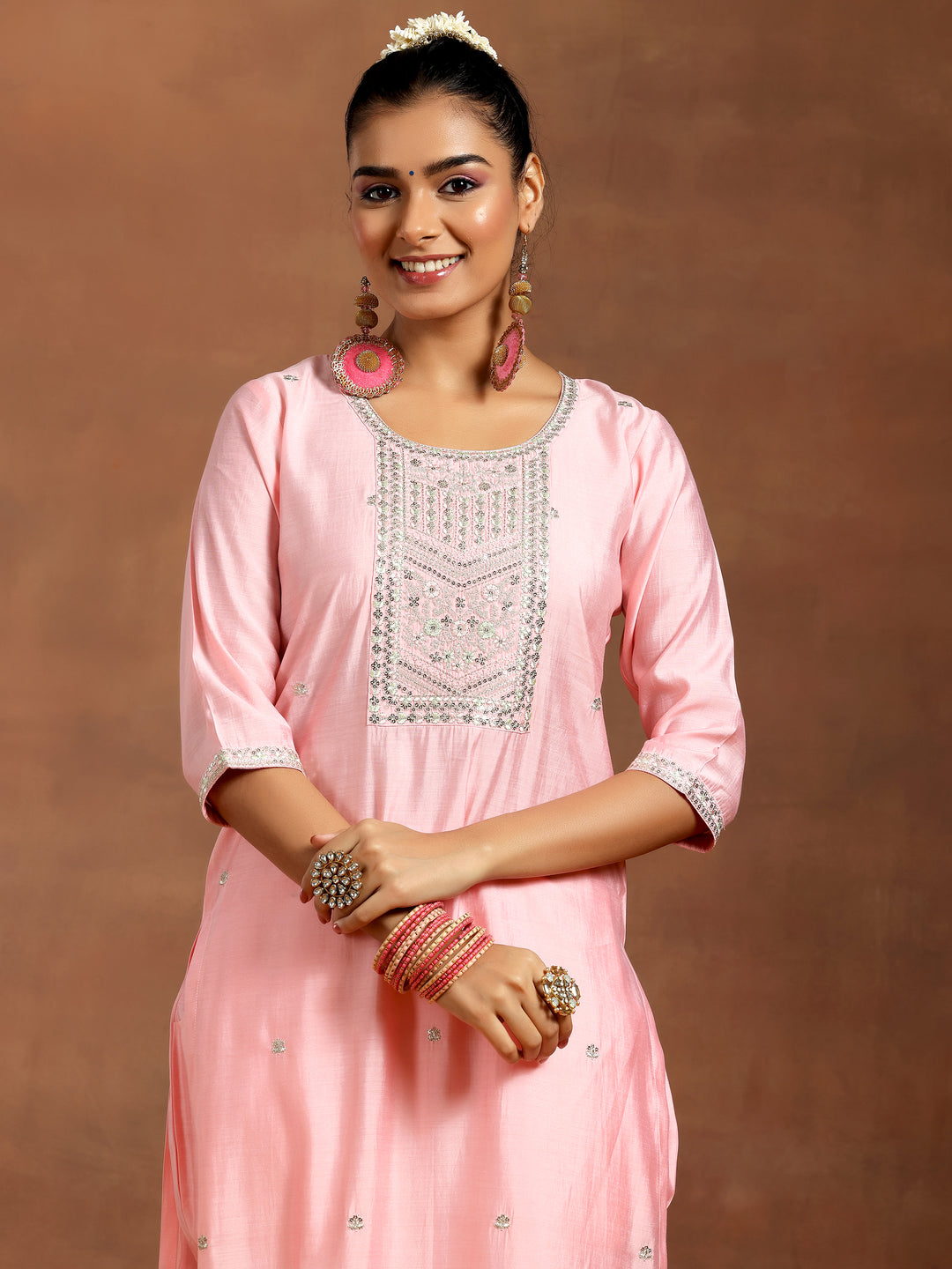Peach Yoke Design Silk Blend Straight Suit With Dupatta