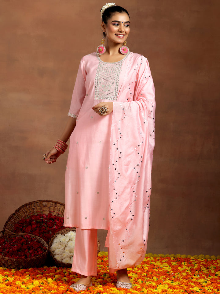 Peach Yoke Design Silk Blend Straight Suit With Dupatta