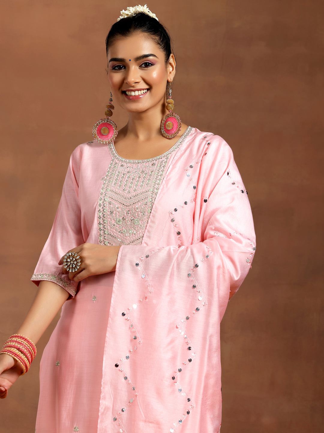 Peach Yoke Design Silk Blend Straight Suit With Dupatta