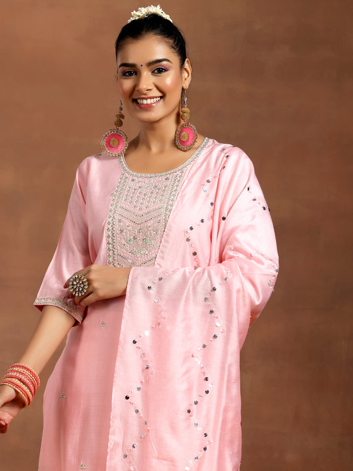 Peach Yoke Design Silk Blend Straight Suit With Dupatta