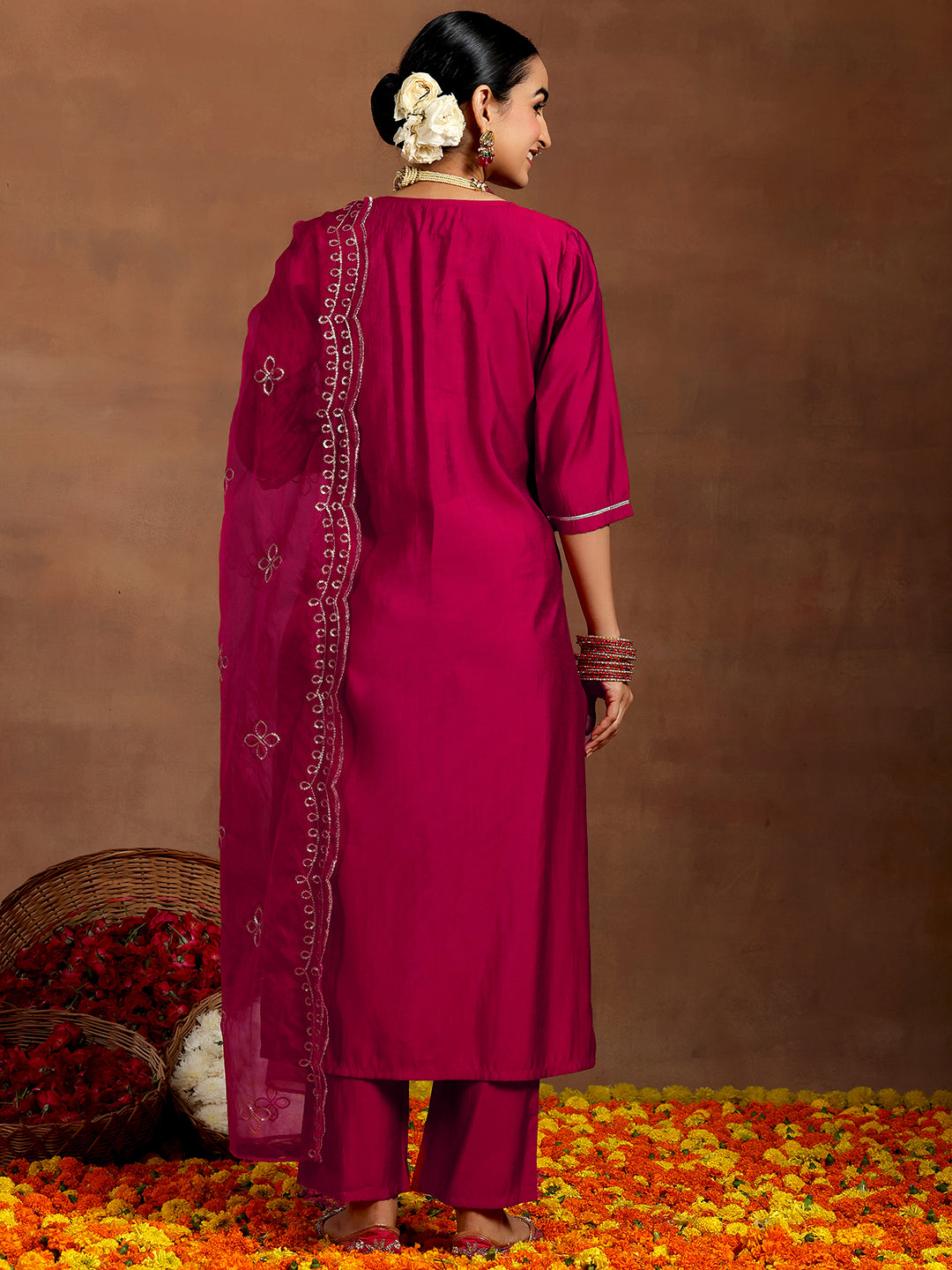 Pink Yoke Design Silk Blend Straight Suit With Dupatta