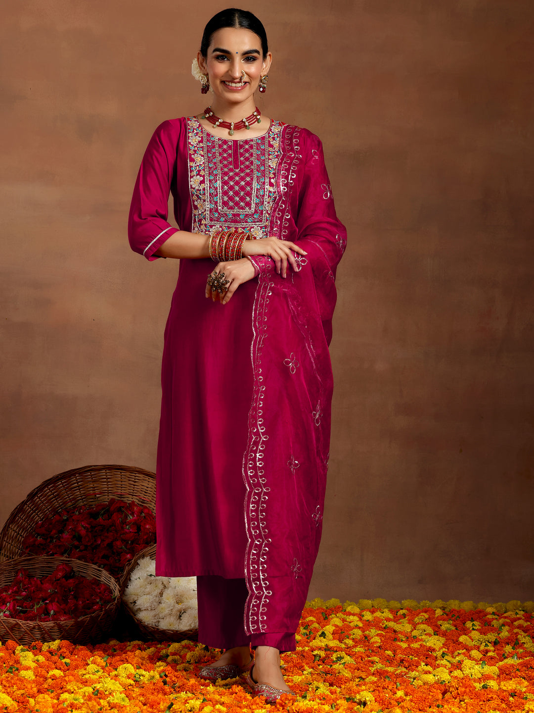 Pink Yoke Design Silk Blend Straight Suit With Dupatta