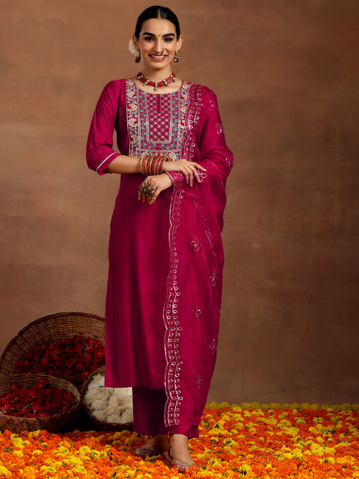 Pink Yoke Design Silk Blend Straight Suit With Dupatta