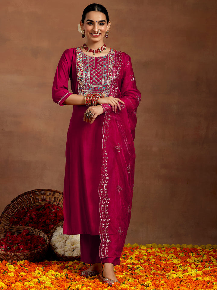 Pink Yoke Design Silk Blend Straight Suit With Dupatta