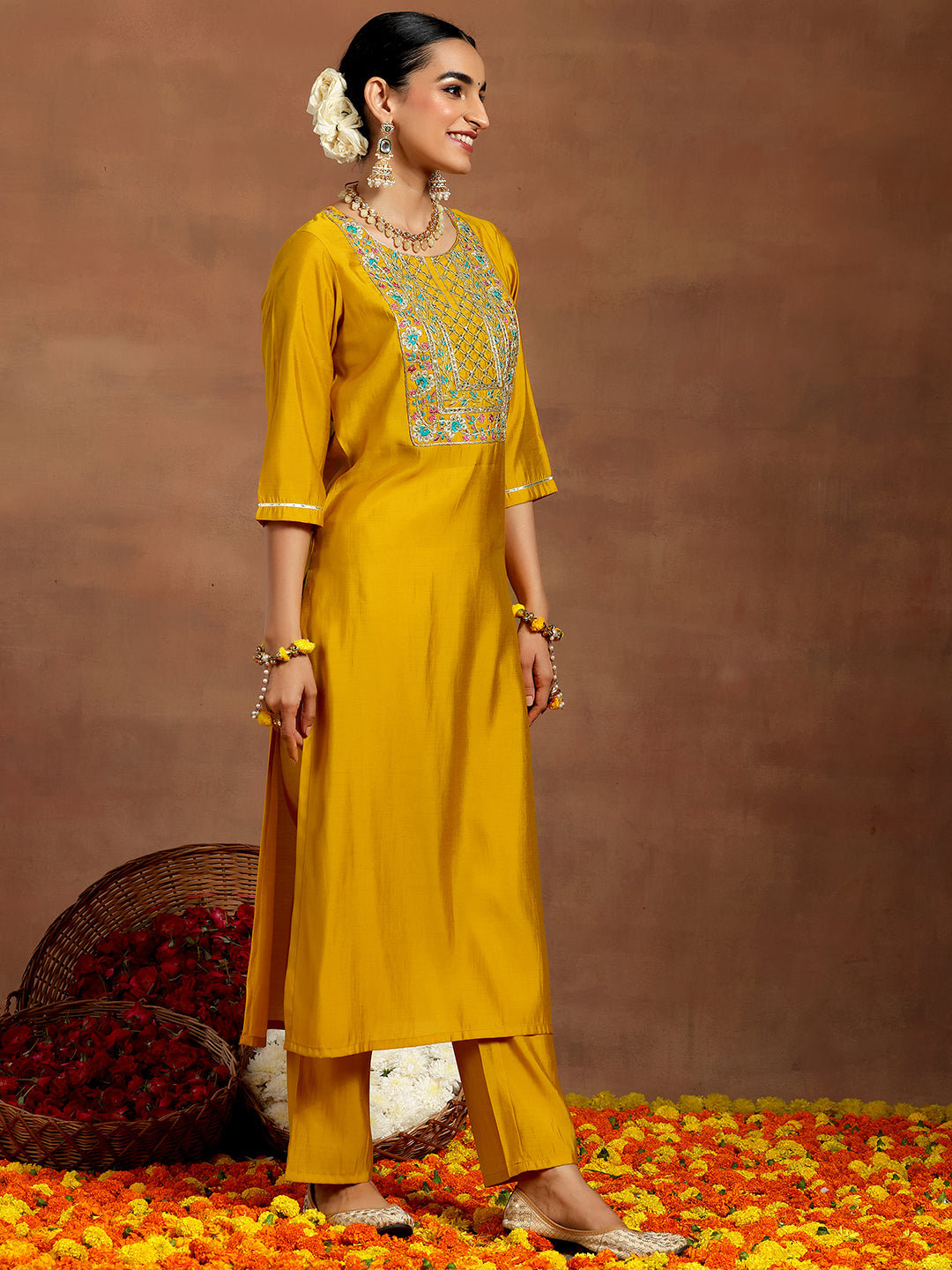 Mustard Yoke Design Silk Blend Straight Suit With Dupatta