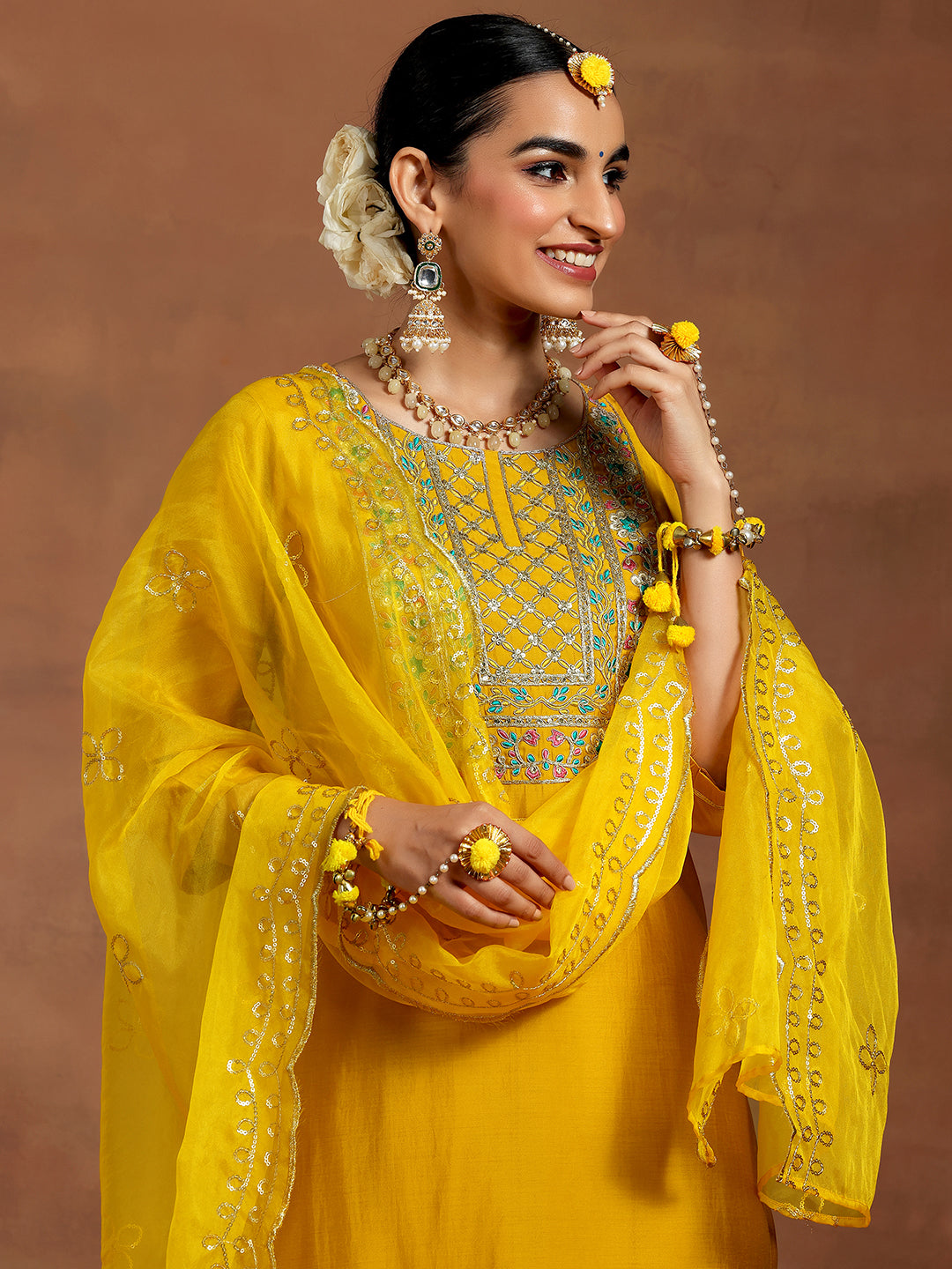 Mustard Yoke Design Silk Blend Straight Suit With Dupatta