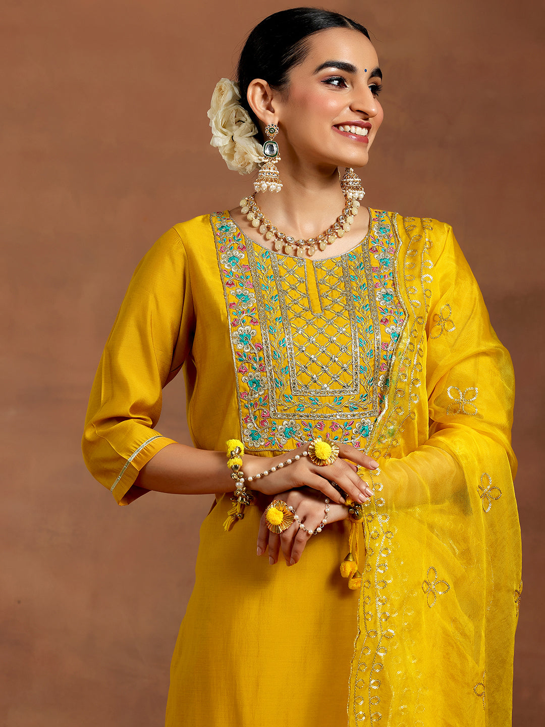 Mustard Yoke Design Silk Blend Straight Suit With Dupatta