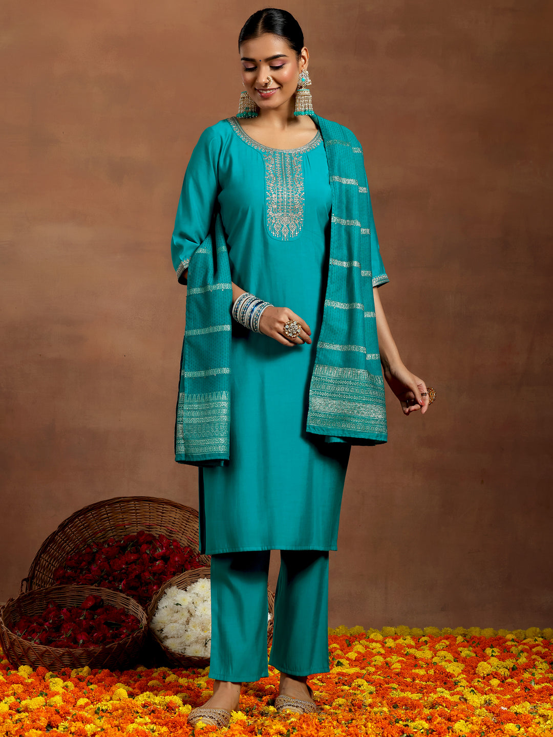 Blue Yoke Design Silk Blend Straight Suit With Dupatta