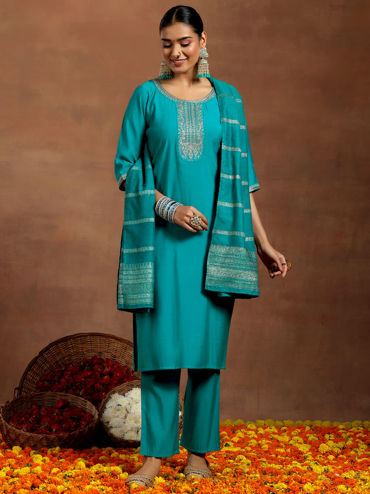 Blue Yoke Design Silk Blend Straight Suit With Dupatta