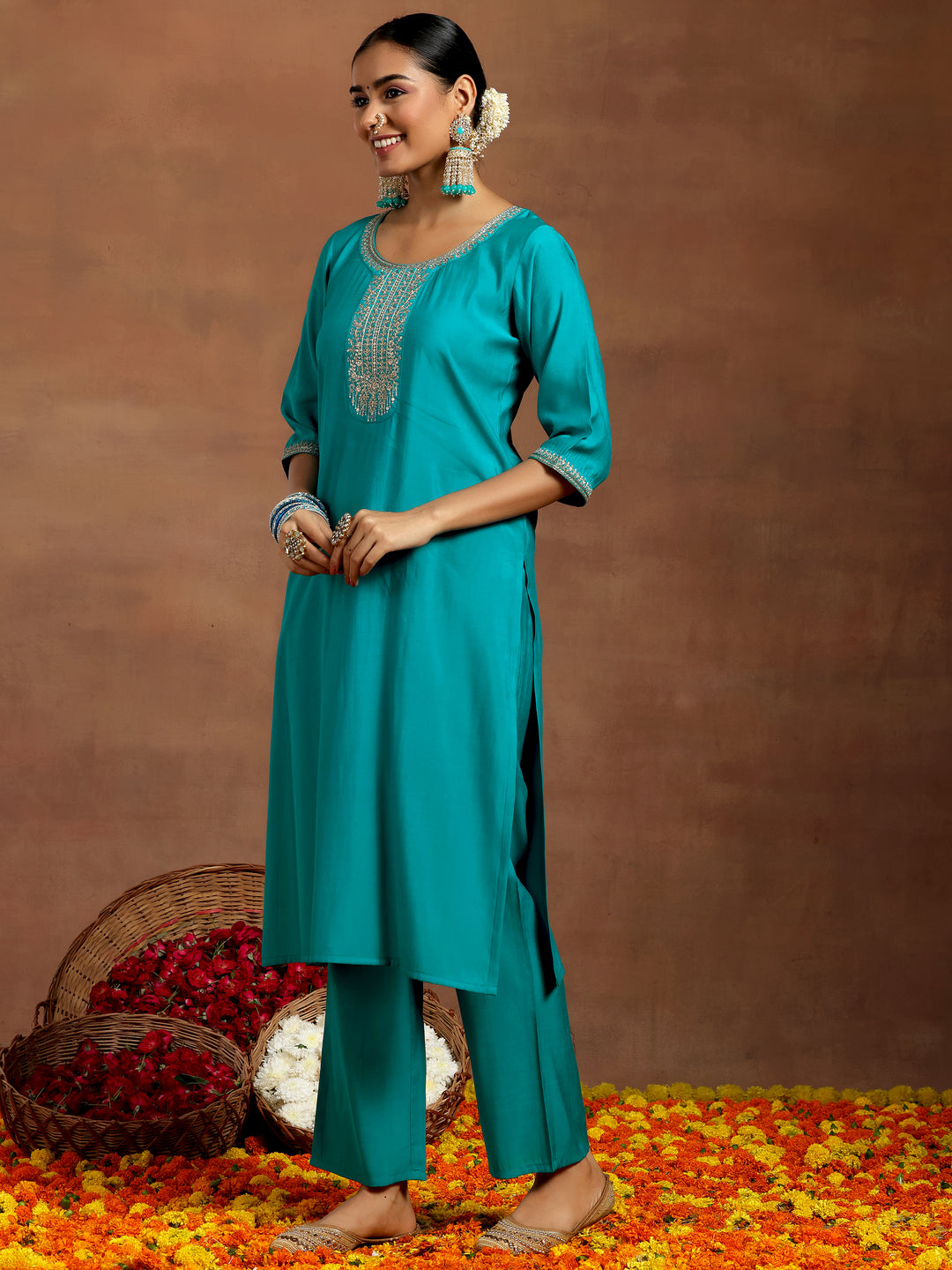 Blue Yoke Design Silk Blend Straight Suit With Dupatta