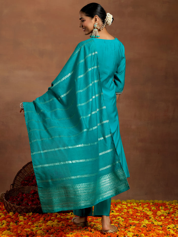 Blue Yoke Design Silk Blend Straight Suit With Dupatta