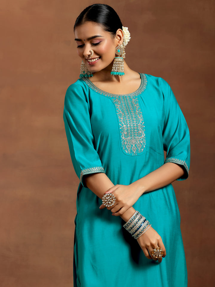 Blue Yoke Design Silk Blend Straight Suit With Dupatta