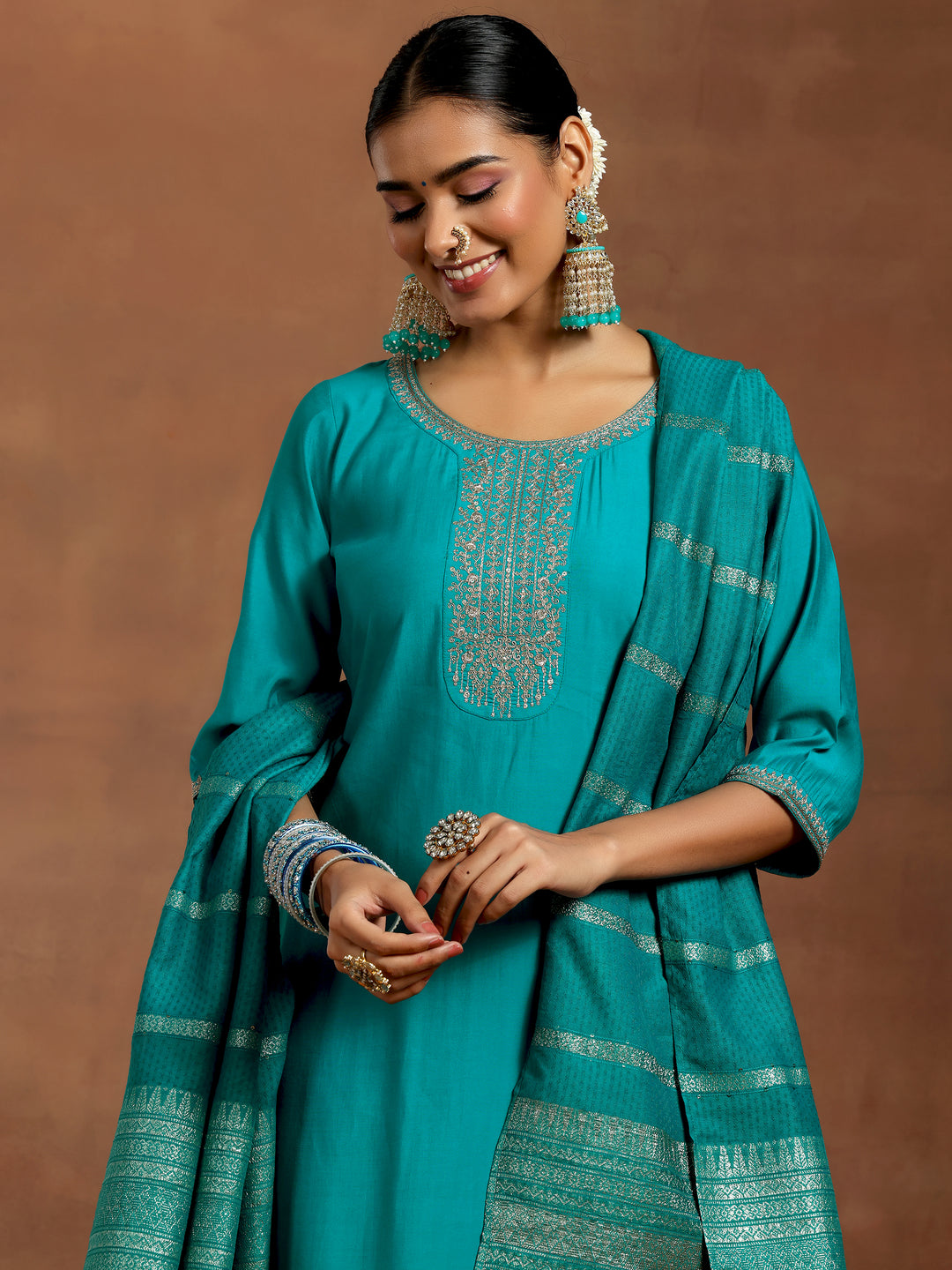 Blue Yoke Design Silk Blend Straight Suit With Dupatta