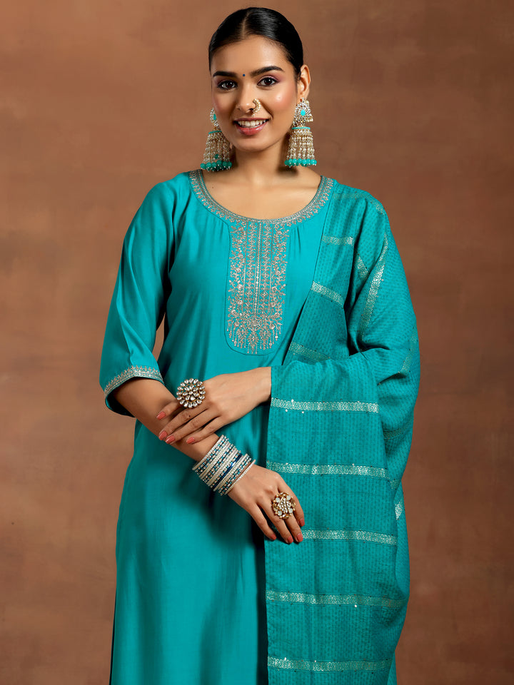 Blue Yoke Design Silk Blend Straight Suit With Dupatta