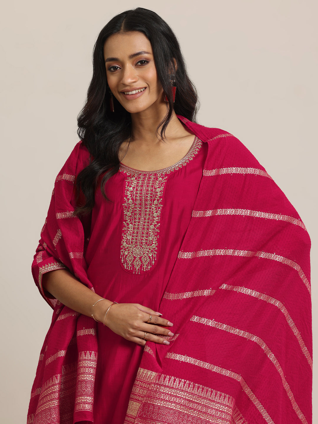 Red Yoke Design Silk Blend Straight Suit With Dupatta