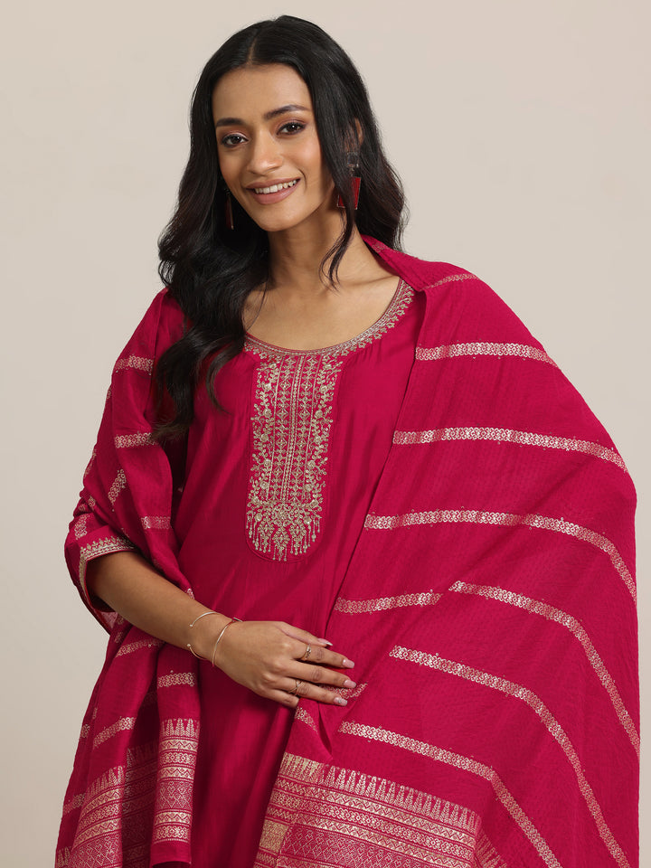 Red Yoke Design Silk Blend Straight Suit With Dupatta