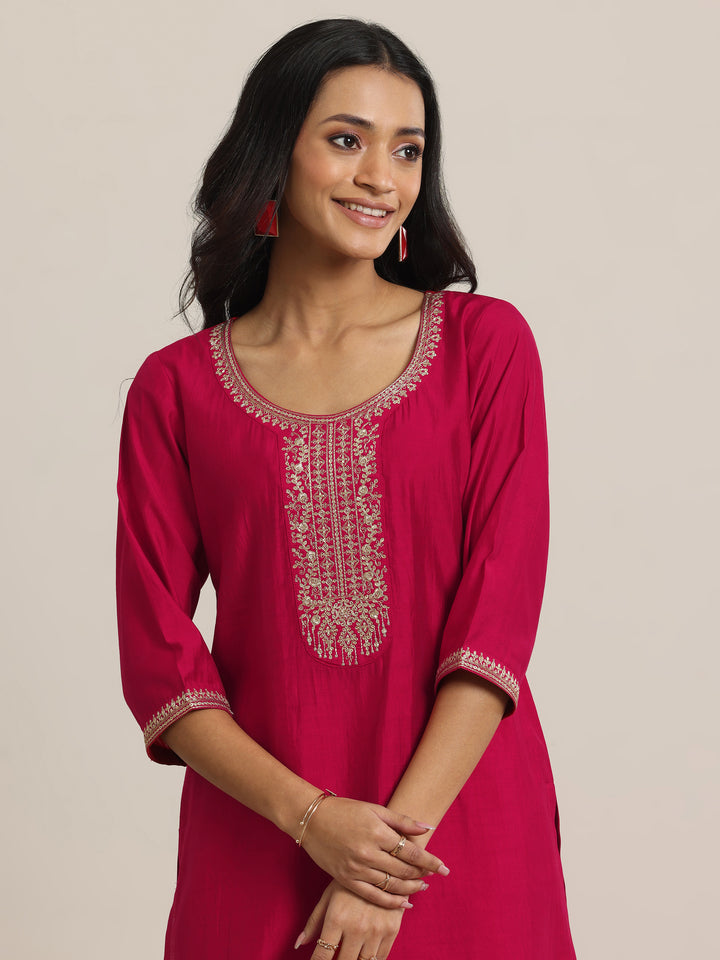 Red Yoke Design Silk Blend Straight Suit With Dupatta