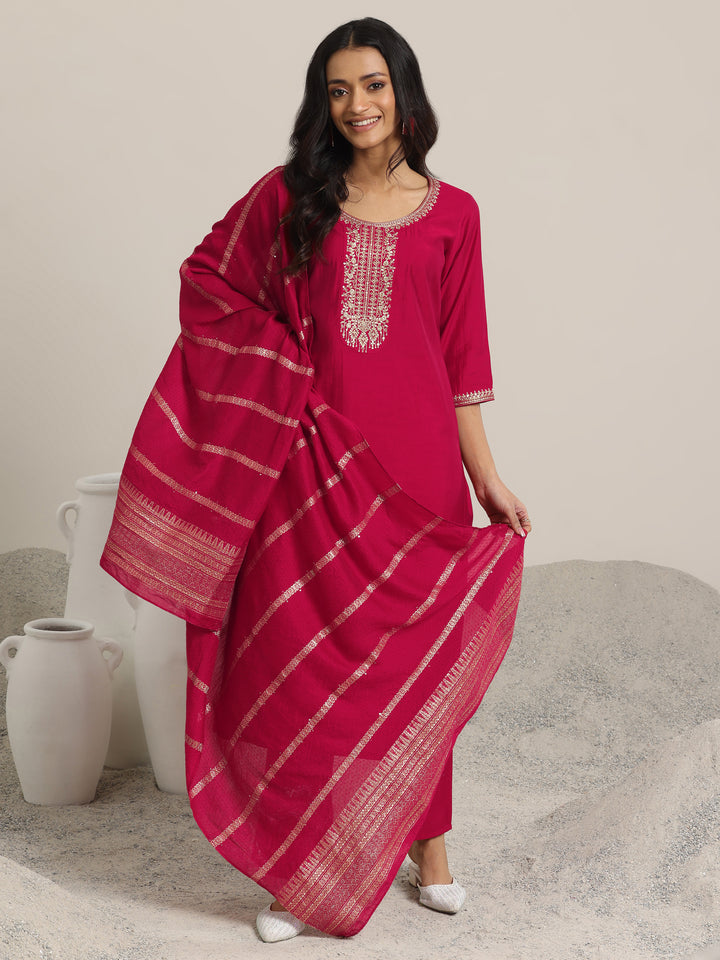 Red Yoke Design Silk Blend Straight Suit With Dupatta