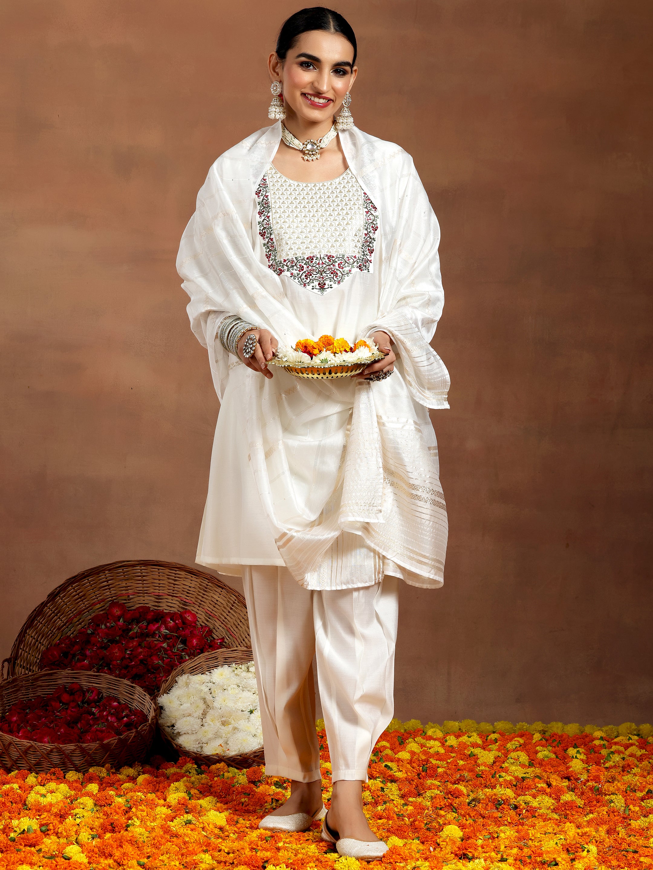 Brown Yoke Design Cotton Straight Suit Set With Dupatta