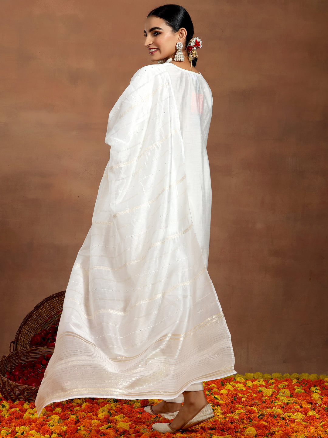 White Yoke Design Silk Blend Straight Suit With Dupatta
