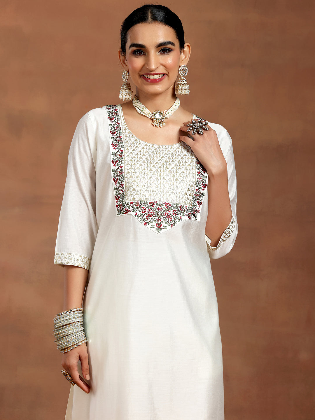 White Yoke Design Silk Blend Straight Suit With Dupatta