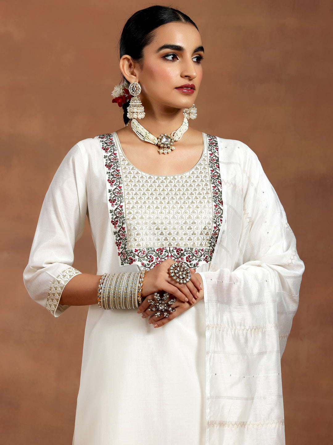 White Yoke Design Silk Blend Straight Suit With Dupatta