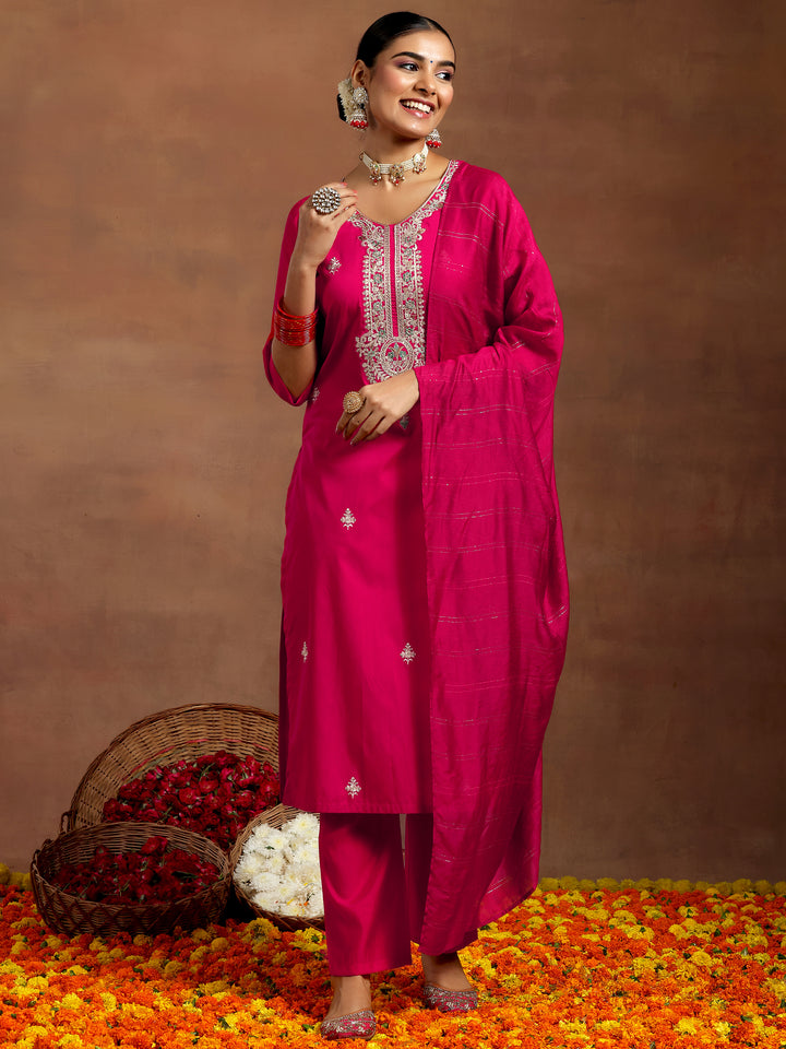 Pink Yoke Design Silk Blend Straight Suit With Dupatta